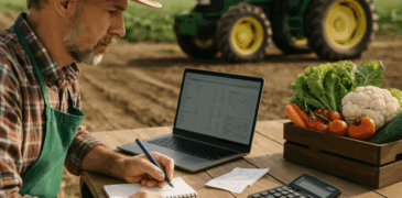 یک کشاورز ایرانی که در مزرعه گندم کار می‌کند، با ابزارهای کشاورزی و محصولات سبز در پس‌زمینه، نمادی از کشاورزی در مقیاس کوچک و صنعت روستایی