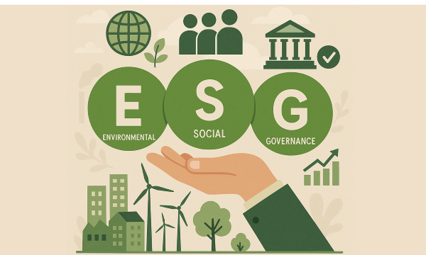 تصویر مفهومی ESG شامل محیط‌زیست، مسئولیت اجتماعی و حاکمیت شرکتی با نماد کره زمین، توربین بادی، ساختمان‌ها و نمودار رشد