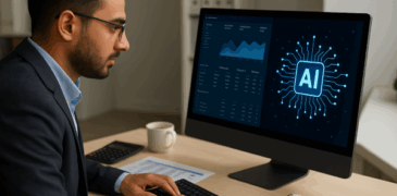 یک حسابدار ایرانی در حال کار با نرمافزار حسابداری و داشبورد هوش مصنوعی روی مانیتور